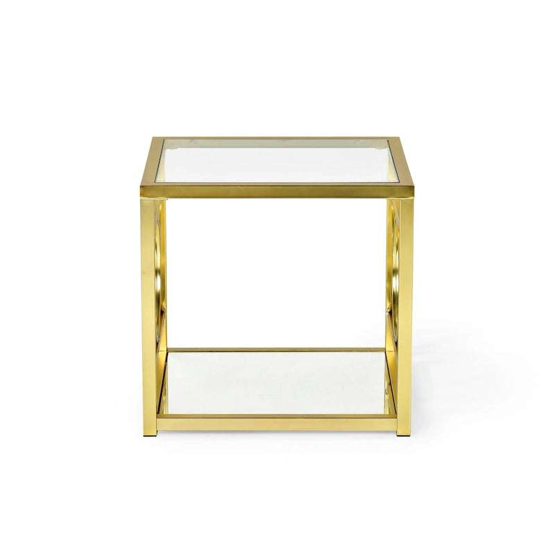 Table d'appoint géométrique moderne en métal doré avec plateau en verre trempé et étagère miroir