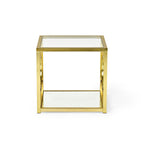 Table d'appoint géométrique moderne en métal doré avec plateau en verre trempé et étagère miroir