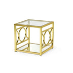 Table d'appoint géométrique moderne en métal doré avec plateau en verre trempé et étagère miroir