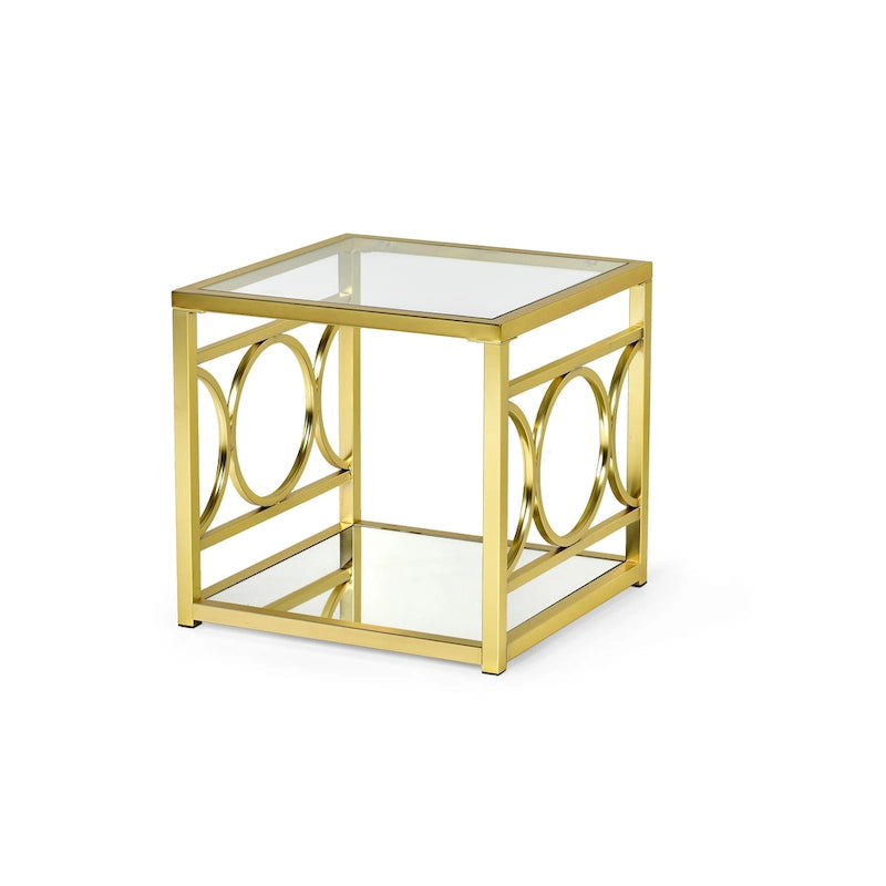 Table d'appoint géométrique moderne en métal doré avec plateau en verre trempé et étagère miroir