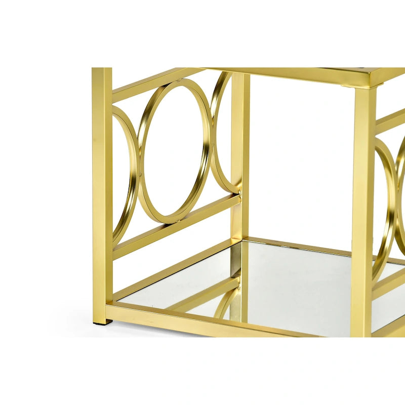 Table d'appoint géométrique moderne en métal doré avec plateau en verre trempé et étagère miroir
