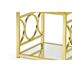 Table d'appoint géométrique moderne en métal doré avec plateau en verre trempé et étagère miroir