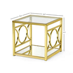 Table d'appoint géométrique moderne en métal doré avec plateau en verre trempé et étagère miroir