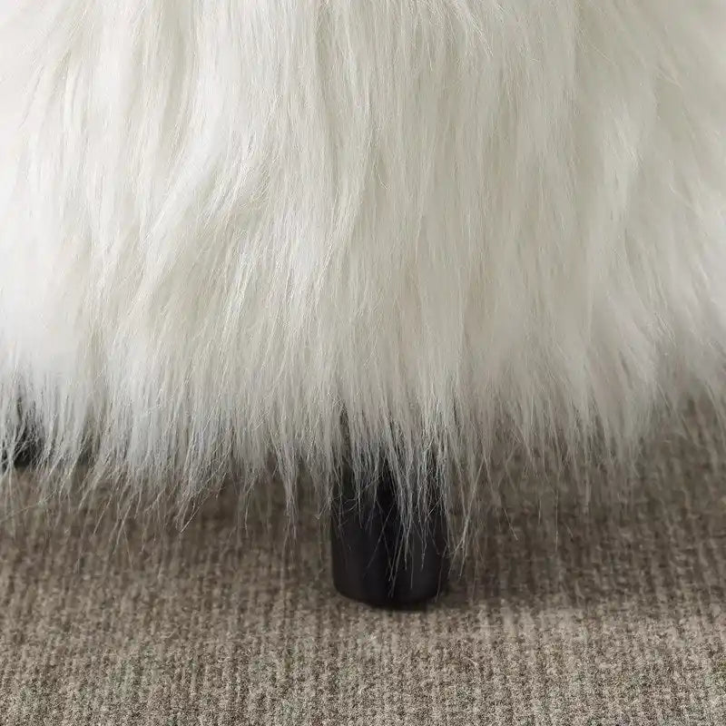 Pouffe rond en fausse fourrure blanche à poils longs avec cadre en bois – 40,6 cm