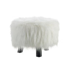 Pouffe rond en fausse fourrure blanche à poils longs avec cadre en bois – 40,6 cm