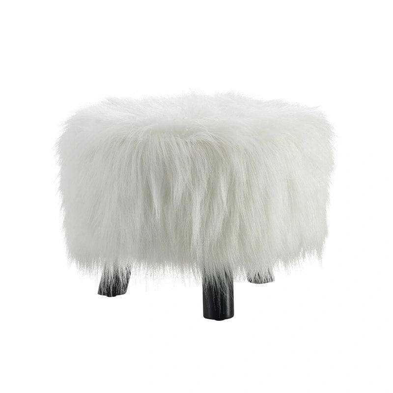 Pouffe rond en fausse fourrure blanche à poils longs avec cadre en bois – 40,6 cm