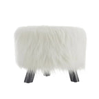 Pouffe rond en fausse fourrure blanche à poils longs avec cadre en bois – 40,6 cm