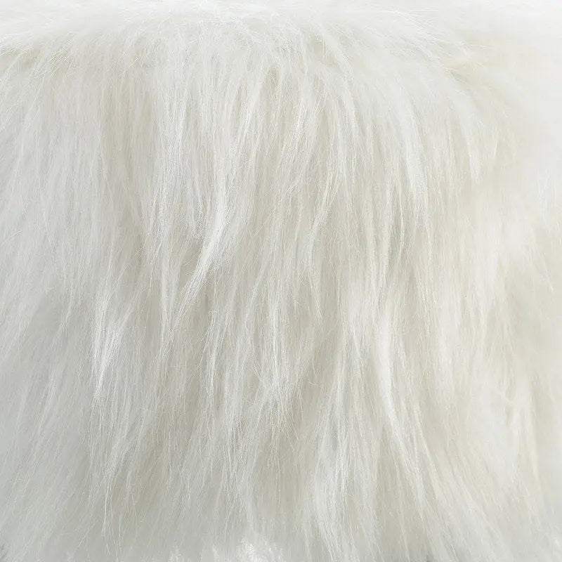 Pouffe rond en fausse fourrure blanche à poils longs avec cadre en bois – 40,6 cm