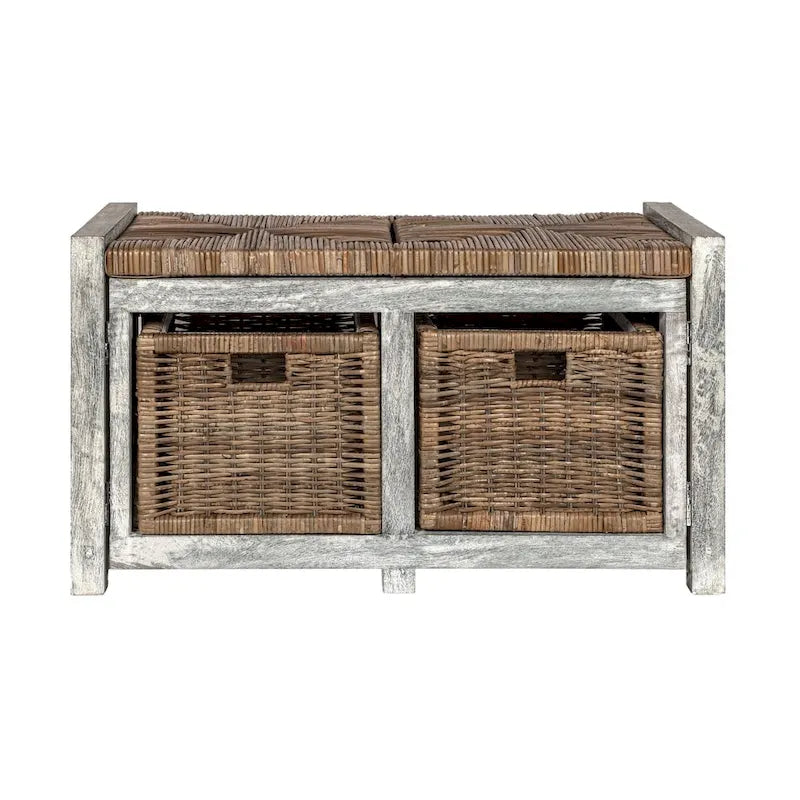 Banc de rangement rustique gris de 76 cm avec 2 tiroirs en osier