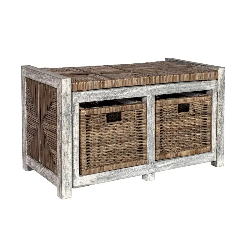 Banc de rangement rustique gris de 76 cm avec 2 tiroirs en osier