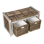 Banc de rangement rustique gris de 76 cm avec 2 tiroirs en osier