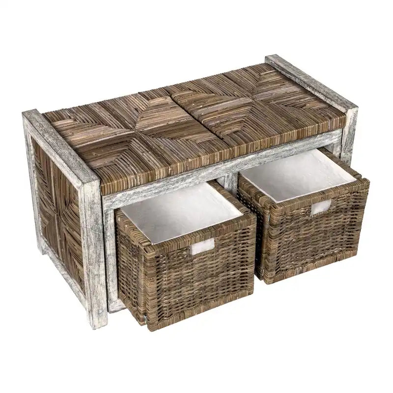 Banc de rangement rustique gris de 76 cm avec 2 tiroirs en osier