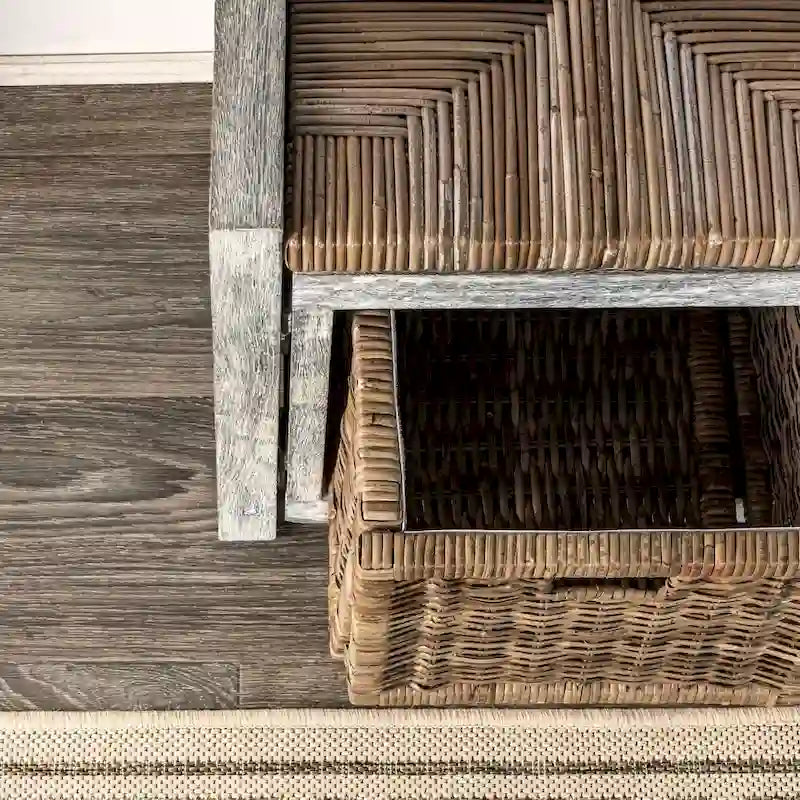 Banc de rangement rustique gris de 76 cm avec 2 tiroirs en osier