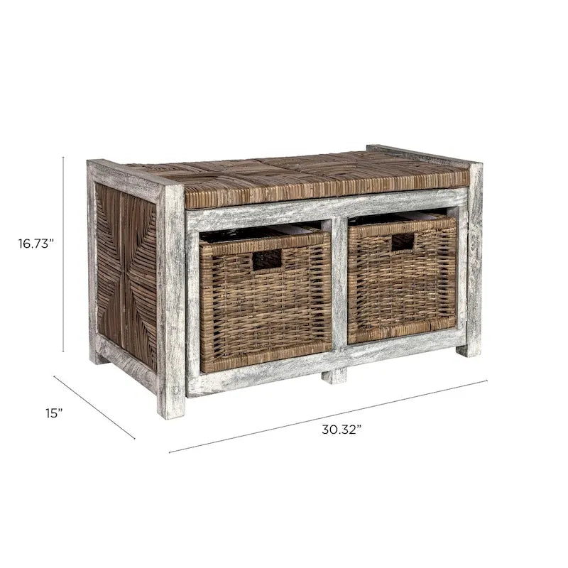Banc de rangement rustique gris de 76 cm avec 2 tiroirs en osier