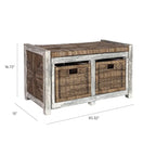Banc de rangement rustique gris de 76 cm avec 2 tiroirs en osier