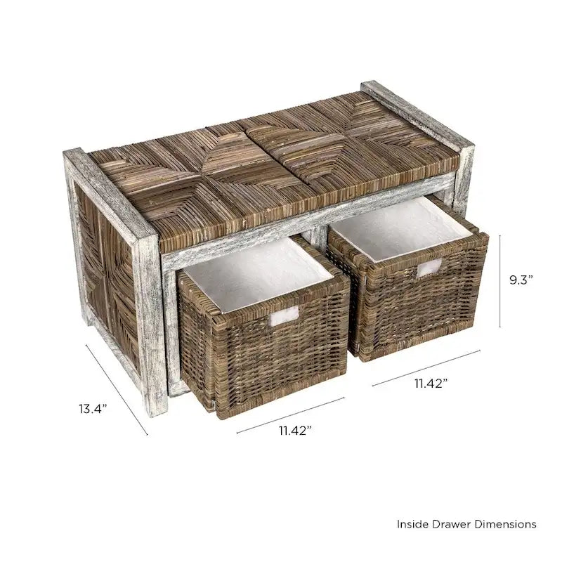 Banc de rangement rustique gris de 76 cm avec 2 tiroirs en osier