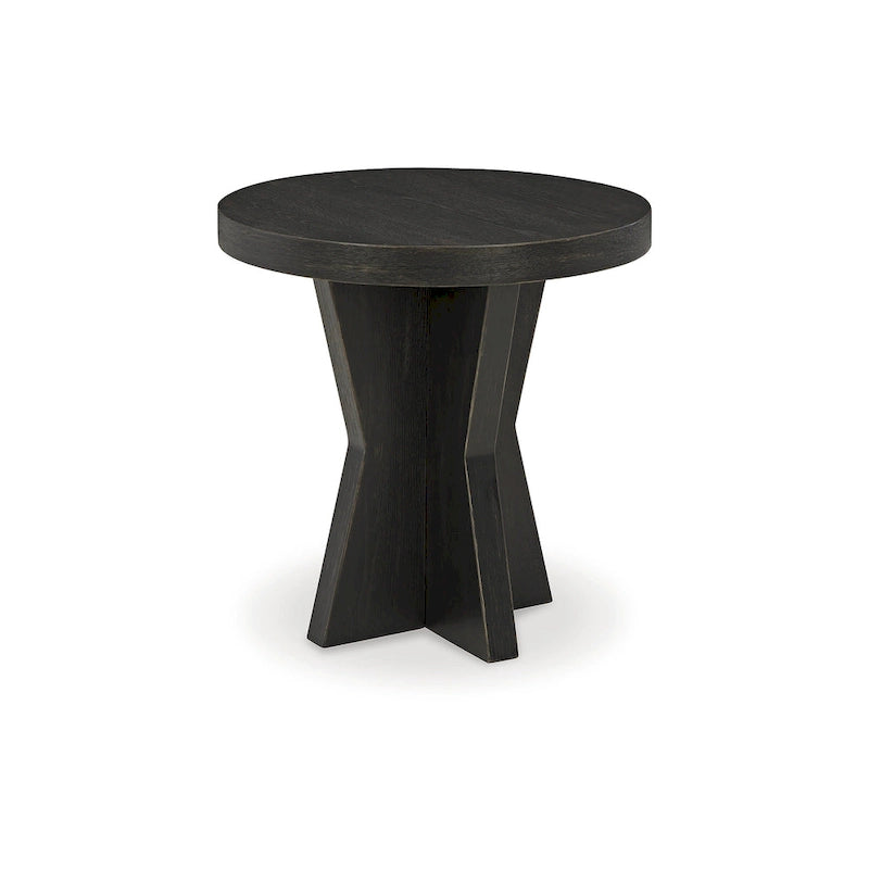 Table d'appoint noire avec placage de chêne rustique et base géométrique – 61 cm
