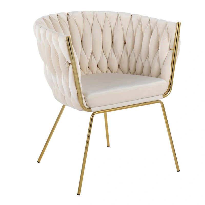 Fauteuil d'appoint tressé en velours Glam contemporain avec pieds fuselés dorés