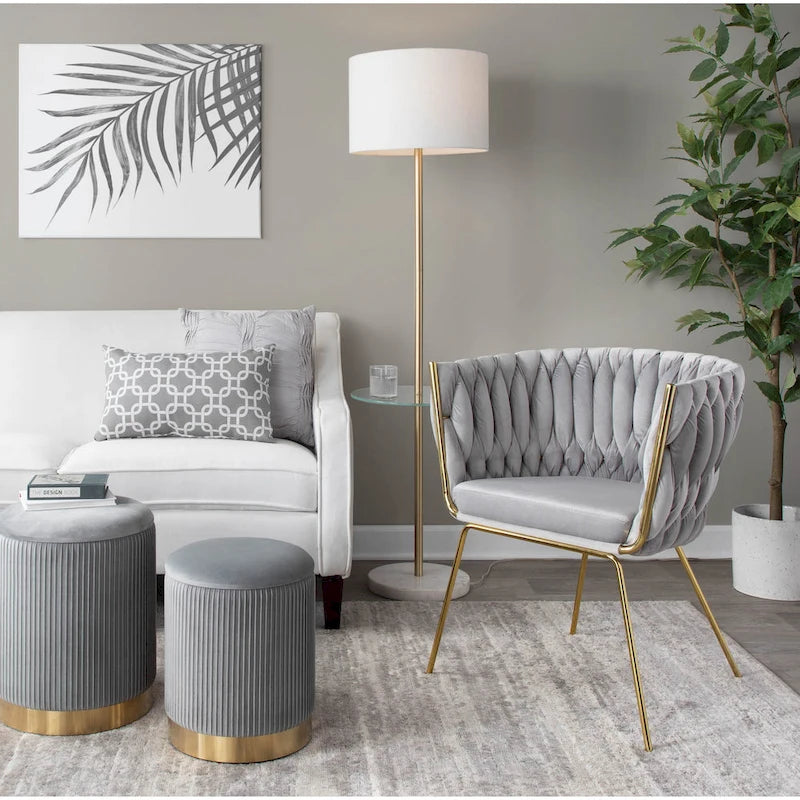 Fauteuil d'appoint tressé en velours Glam contemporain avec pieds fuselés dorés