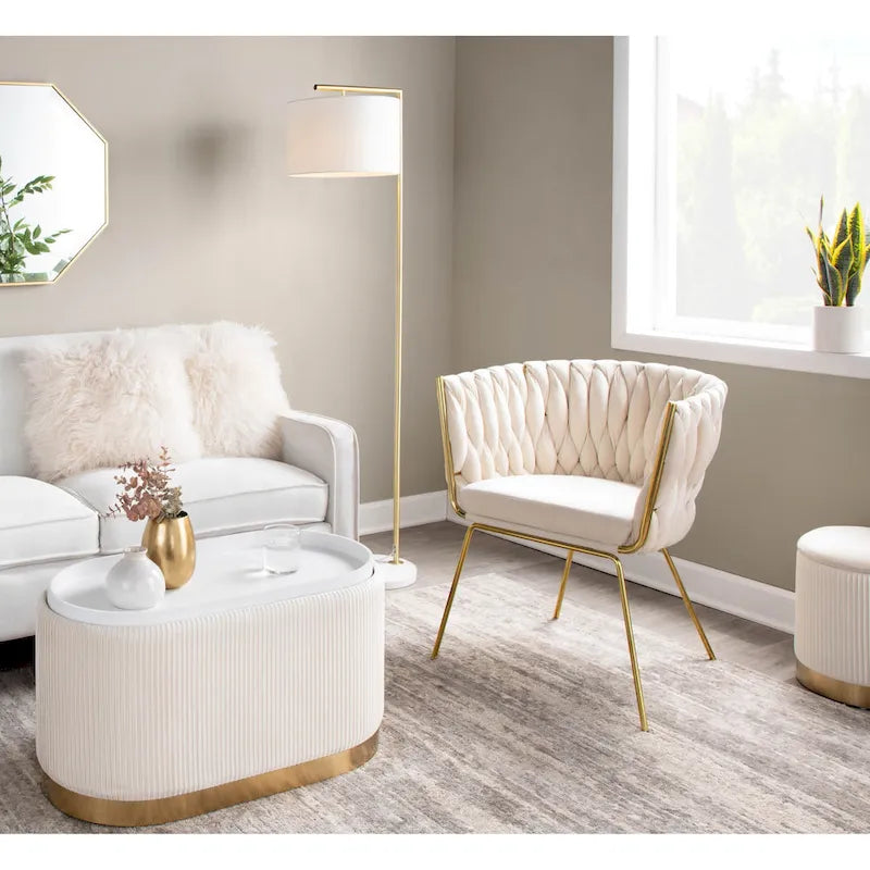 Fauteuil d'appoint tressé en velours Glam contemporain avec pieds fuselés dorés