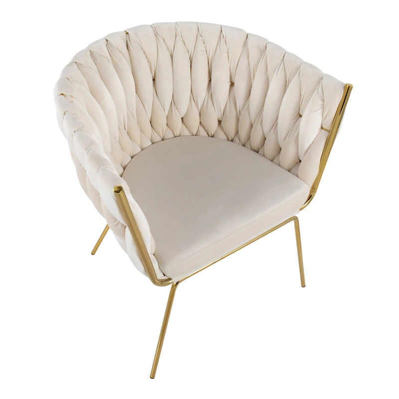 Fauteuil d'appoint tressé en velours Glam contemporain avec pieds fuselés dorés