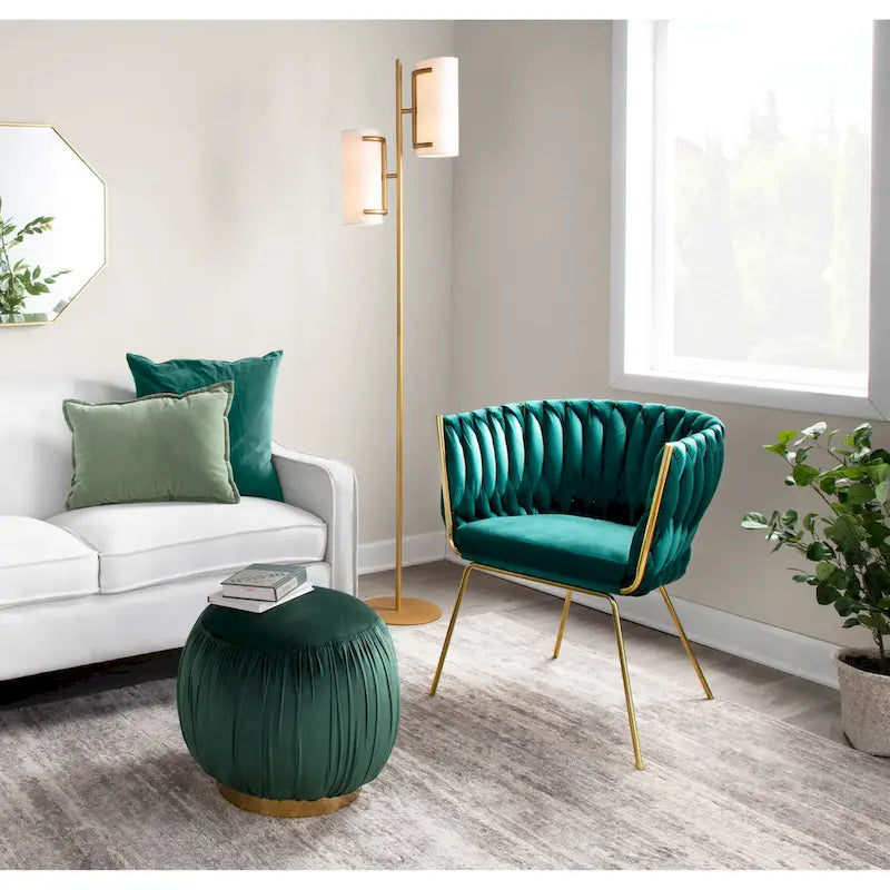 Fauteuil d'appoint tressé en velours Glam contemporain avec pieds fuselés dorés