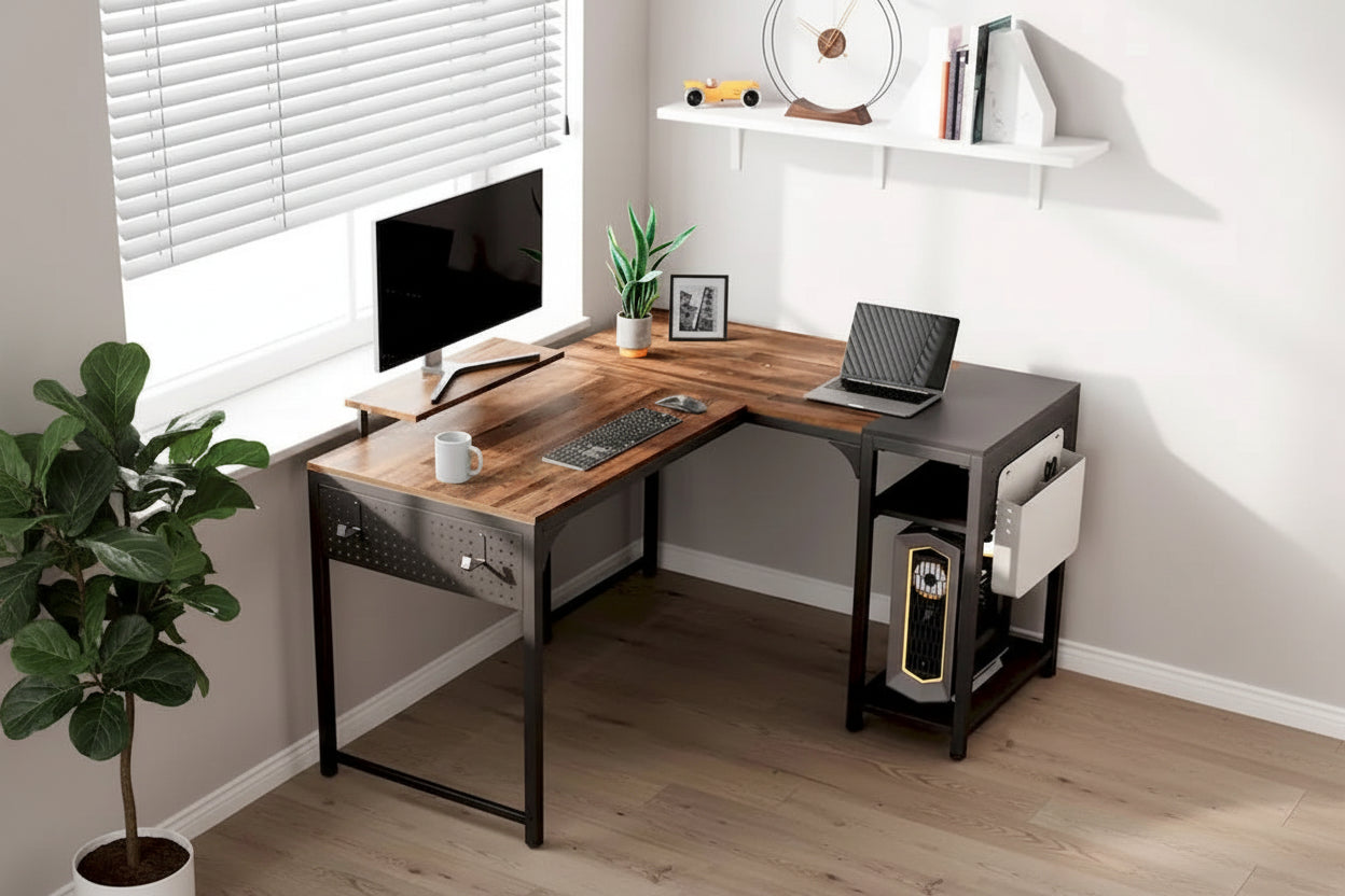 60 L-shaped Computer Desk Home Office Study Writing Desk with Monitor Stand and Storage Shelf