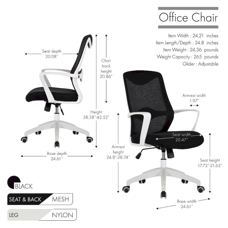 Chaise de bureau ergonomique en maille avec assise et support lombaire réglables en hauteur