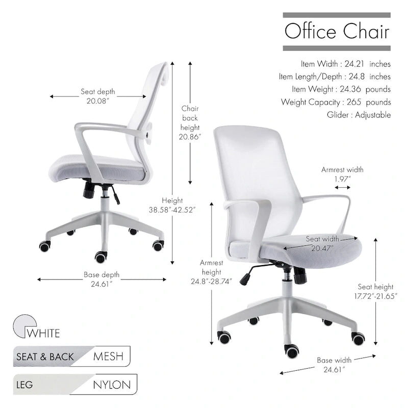 Chaise de bureau ergonomique en maille avec assise et support lombaire réglables en hauteur