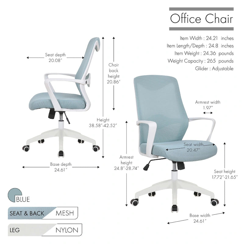 Chaise de bureau ergonomique en maille avec assise et support lombaire réglables en hauteur