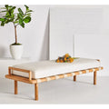 Banc de 178 cm en Teck Côtier avec Plateau en Cuir Tressé et Coussin en Lin Blanc – Entrée et Chambre