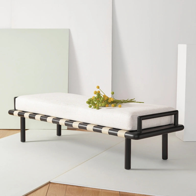 Banc de 178 cm en Teck Côtier avec Plateau en Cuir Tressé et Coussin en Lin Blanc – Entrée et Chambre