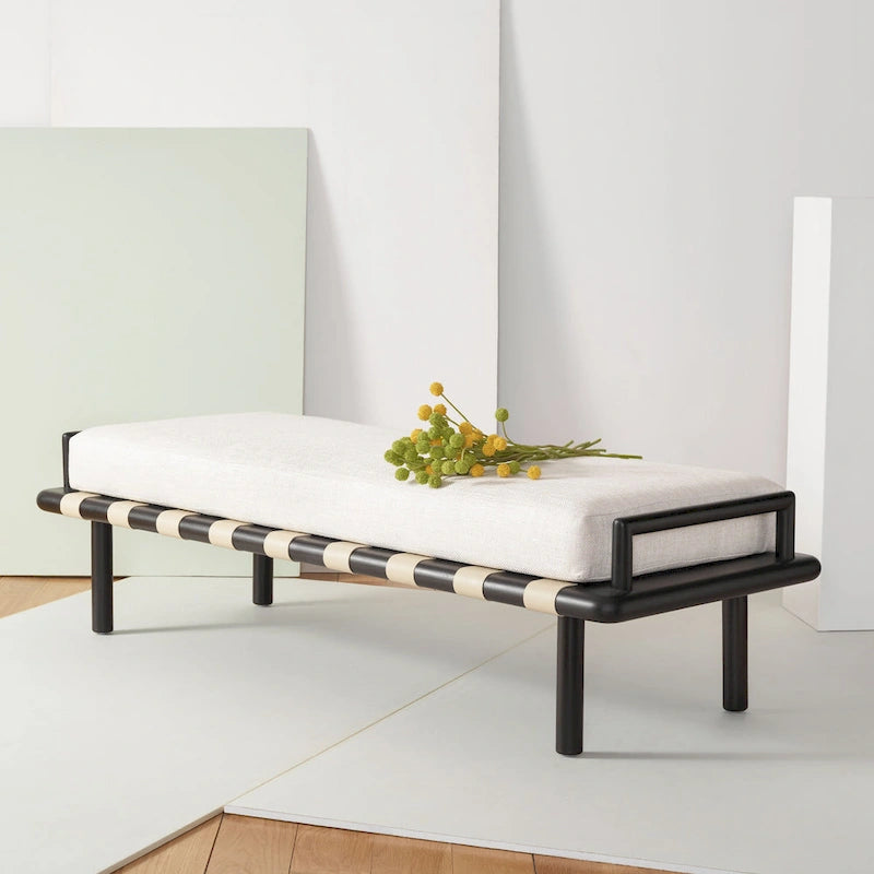 Banc de 178 cm en Teck Côtier avec Plateau en Cuir Tressé et Coussin en Lin Blanc – Entrée et Chambre