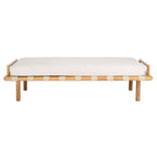 Banc de 178 cm en Teck Côtier avec Plateau en Cuir Tressé et Coussin en Lin Blanc – Entrée et Chambre