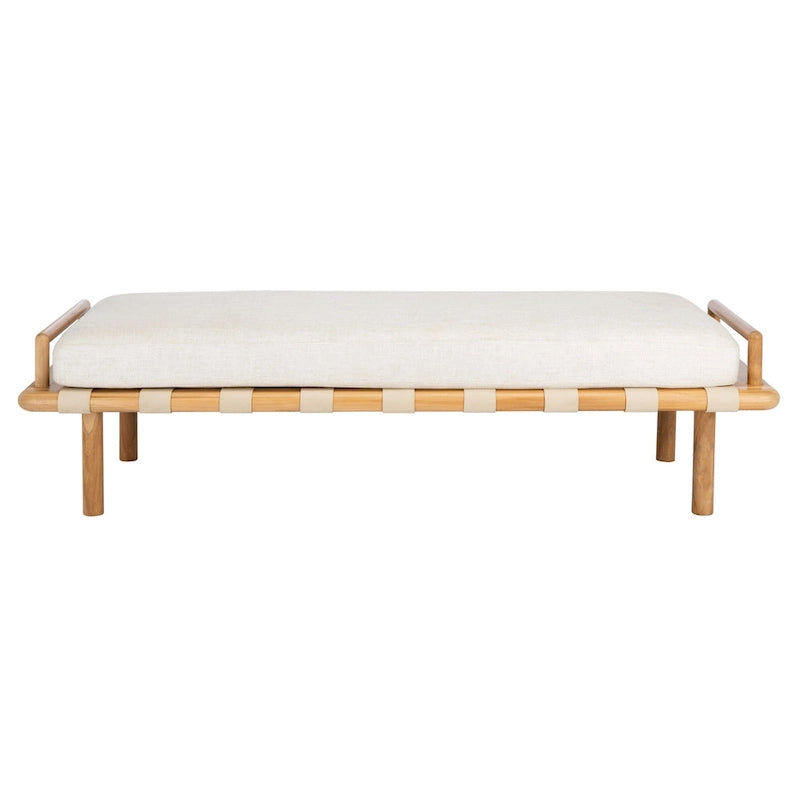 Banc de 178 cm en Teck Côtier avec Plateau en Cuir Tressé et Coussin en Lin Blanc – Entrée et Chambre