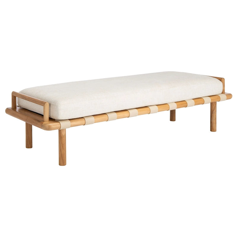 Banc de 178 cm en Teck Côtier avec Plateau en Cuir Tressé et Coussin en Lin Blanc – Entrée et Chambre