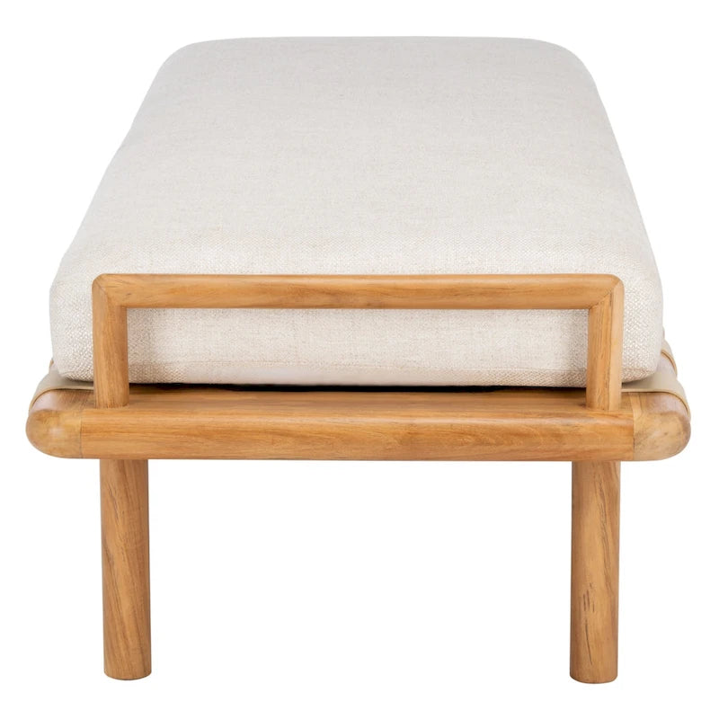 Banc de 178 cm en Teck Côtier avec Plateau en Cuir Tressé et Coussin en Lin Blanc – Entrée et Chambre