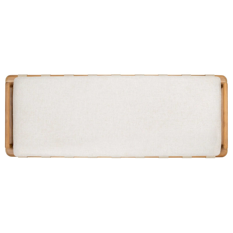 Banc de 178 cm en Teck Côtier avec Plateau en Cuir Tressé et Coussin en Lin Blanc – Entrée et Chambre