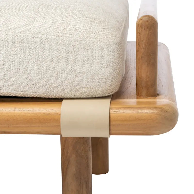 Banc de 178 cm en Teck Côtier avec Plateau en Cuir Tressé et Coussin en Lin Blanc – Entrée et Chambre
