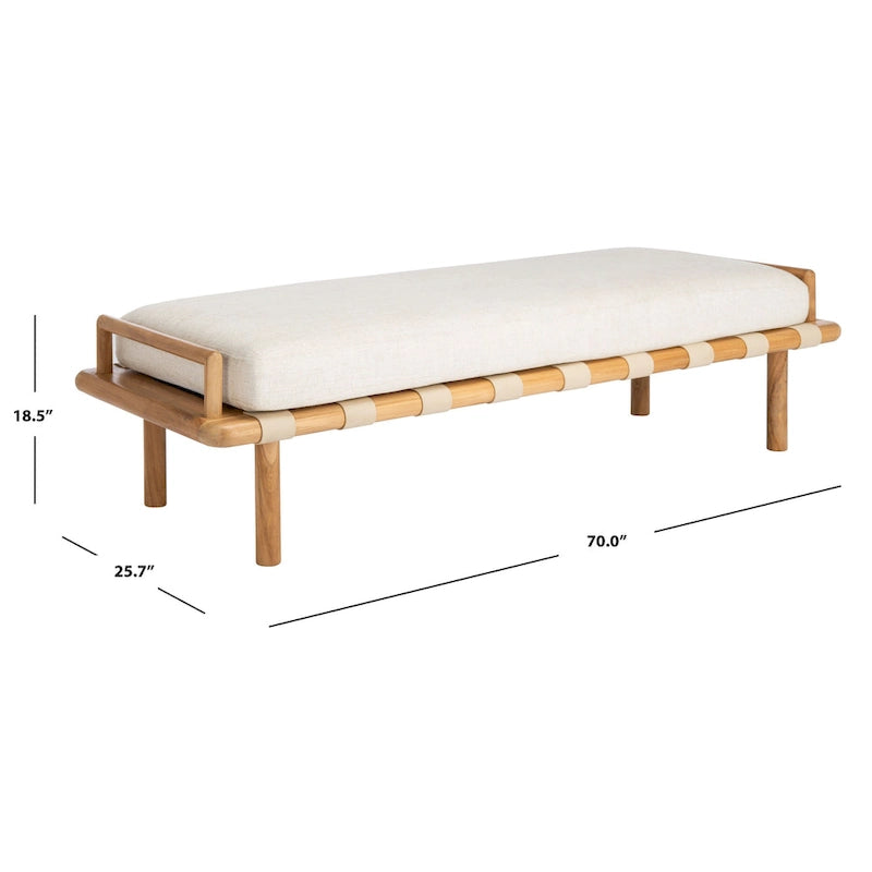 Banc de 178 cm en Teck Côtier avec Plateau en Cuir Tressé et Coussin en Lin Blanc – Entrée et Chambre