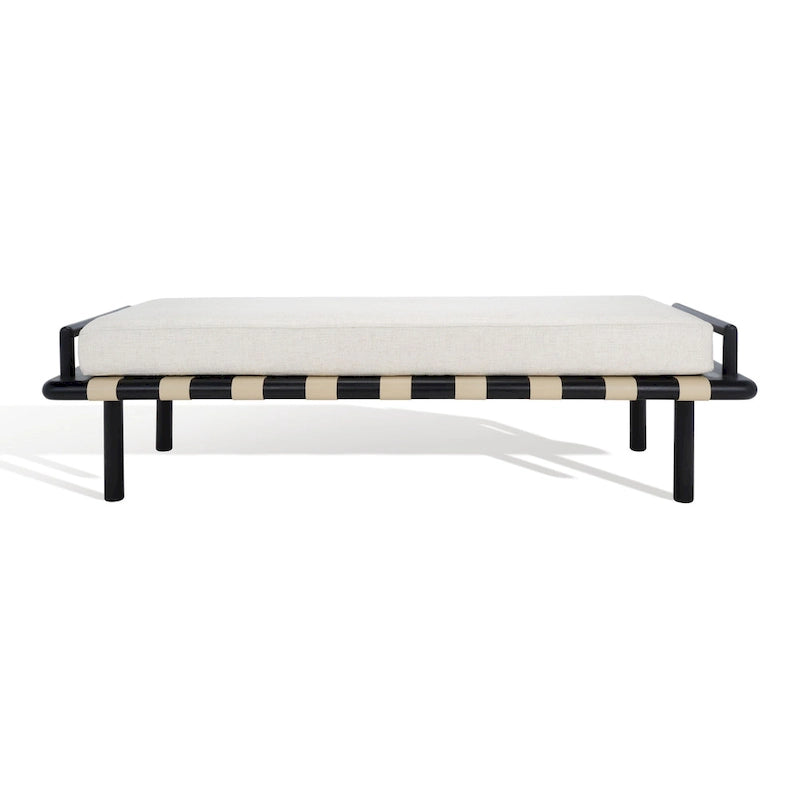 Banc de 178 cm en Teck Côtier avec Plateau en Cuir Tressé et Coussin en Lin Blanc – Entrée et Chambre