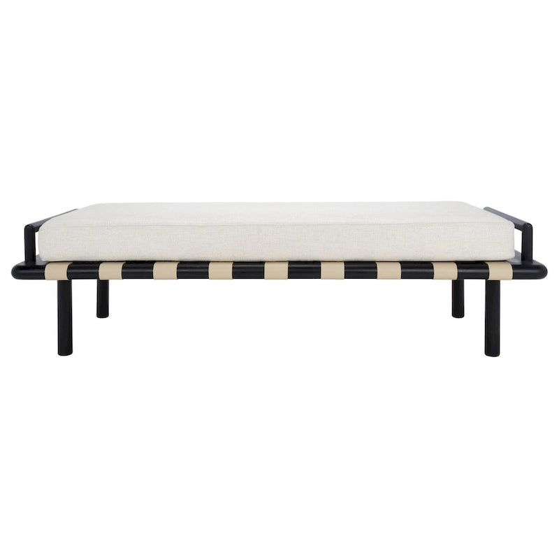 Banc de 178 cm en Teck Côtier avec Plateau en Cuir Tressé et Coussin en Lin Blanc – Entrée et Chambre