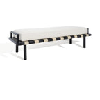 Banc de 178 cm en Teck Côtier avec Plateau en Cuir Tressé et Coussin en Lin Blanc – Entrée et Chambre