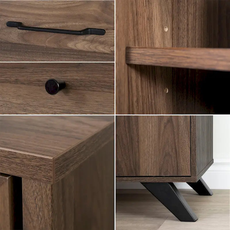 Meuble bas avec tiroir de classement, 2 portes et pieds en bois inclinés