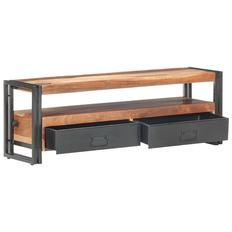 Meuble TV 2 tiroirs en acacia massif et hévéa – 120 cm