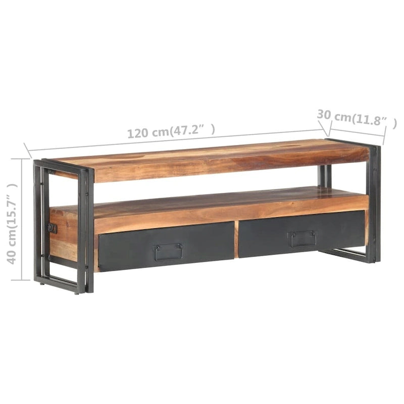Meuble TV 2 tiroirs en acacia massif et hévéa – 120 cm