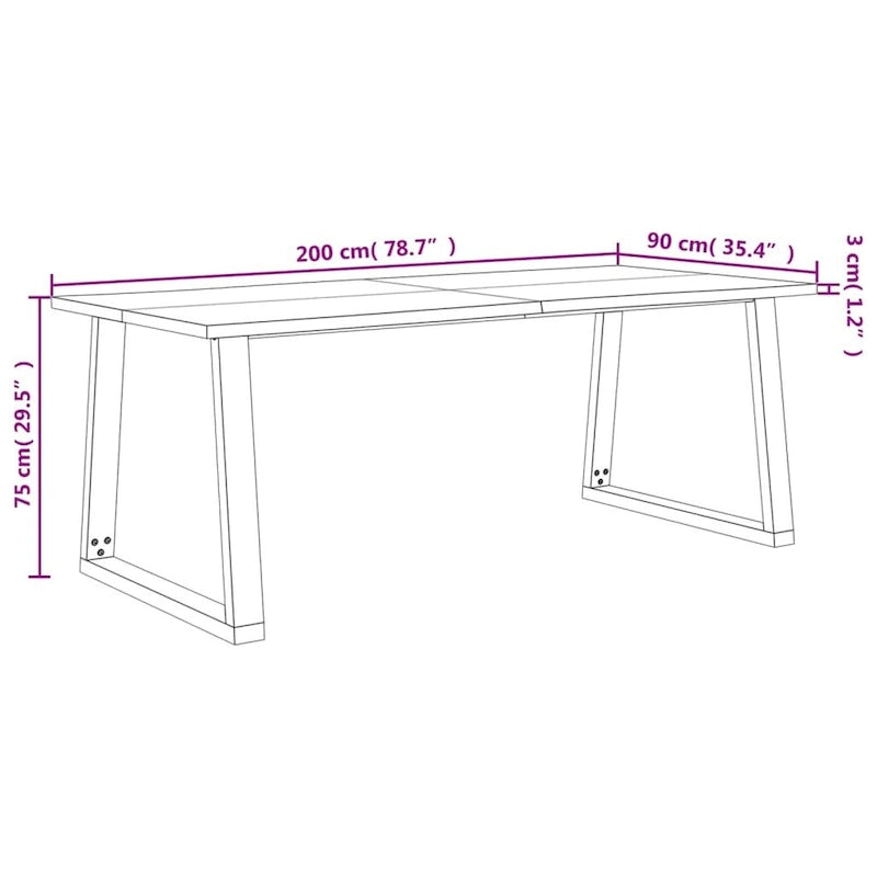 Table à manger en acacia massif à bords bruts avec pieds en acier en U – 78,7 po L