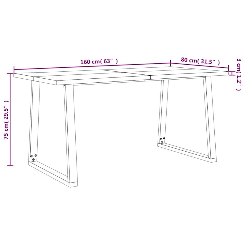 Table à manger en acacia massif à bords bruts avec pieds en acier en U – 78,7 po L