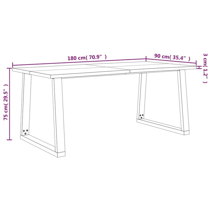 Table à manger en acacia massif à bords bruts avec pieds en acier en U – 78,7 po L