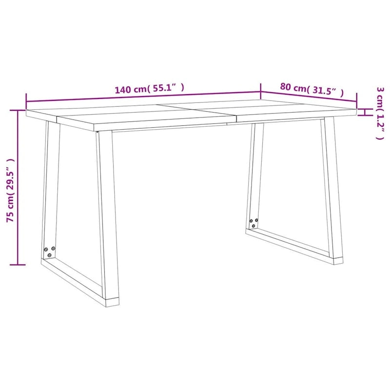 Table à manger en acacia massif à bords bruts avec pieds en acier en U – 78,7 po L